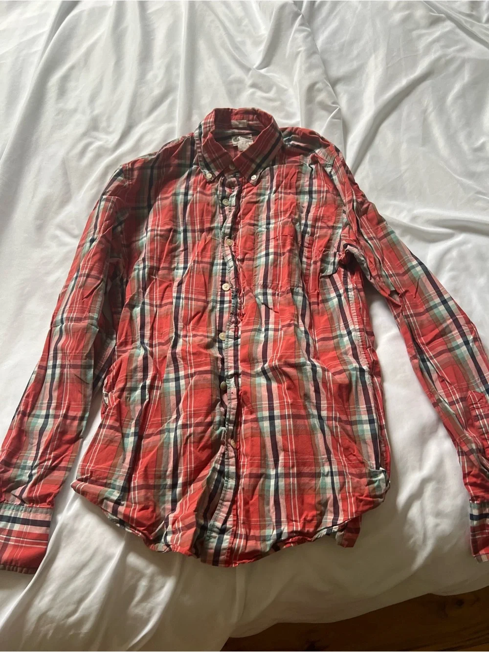 J. Crew Red Plaid Button-Down Shirt with Navy & Cream Accents